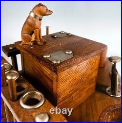 Antique to Vintage Hand Carved Dog Smoker's Stand, Cigar Caddy, Cutter & Striker