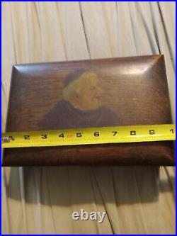 Antique wooden humidor With Painted Portrait Of A Abbott Smoking A Pipe