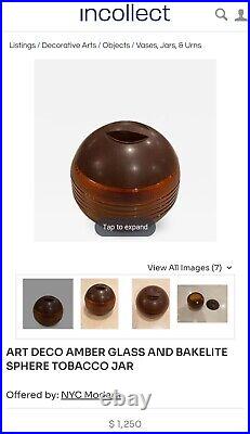 Art Deco Antique Amber/Brown Glass Sphere Tobacco Jar/Humidor Bakelite Lid 1930s