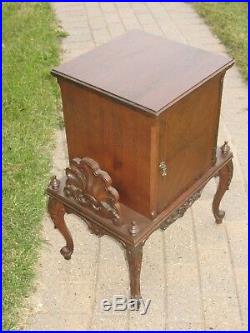 Art Deco Walnut Wood Carved Humidor Smoking Stand Copper Liner Cigars Antique