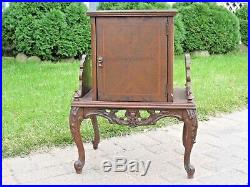 Art Deco Walnut Wood Carved Humidor Smoking Stand Copper Liner Cigars Antique