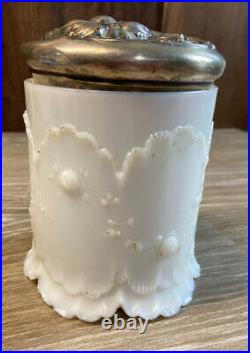 Art Nouveau White Milk Glass Tobacco Jar Ornate Humidor Victorian Metal Lid