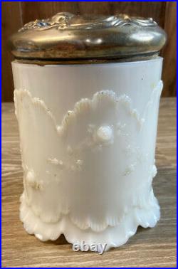 Art Nouveau White Milk Glass Tobacco Jar Ornate Humidor Victorian Metal Lid