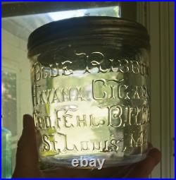 BLUE RIBBON HAVANA CIGARS GEO. FEHL ST. LOUIS 1890s RARE GLASS CIGAR JAR WITH LID