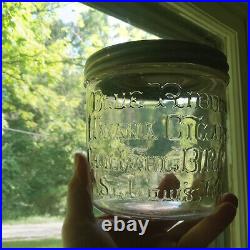 BLUE RIBBON HAVANA CIGARS GEO. FEHL ST. LOUIS 1890s RARE GLASS CIGAR JAR WITH LID