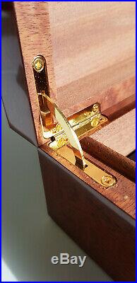 Beautiful Rich Walnut Humidor with brass hinges, wood inlay and accessories