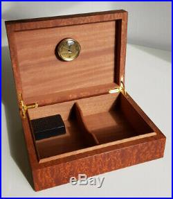 Beautiful Rich Walnut Humidor with brass hinges, wood inlay and accessories