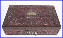 Carved Wood Folk Art Antique 13x8 Tin Lined Humidor Brass M. G. Monogram Lock Box