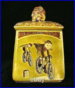 Ceramic Boy Bicycle Riders Skull Head LID Handle Humidor #6248 United Kingdom