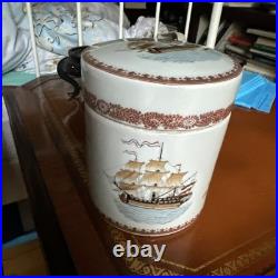 Chinese Export Porcelain Celadon Cigar Tobacco Humidor Jar Sailing Ship c 1880