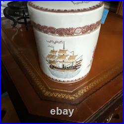 Chinese Export Porcelain Celadon Cigar Tobacco Humidor Jar Sailing Ship c 1880