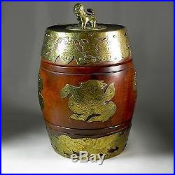 Chinese Wood & Brass Barrel Humidor Lion Finial Dragons Flaming Pearl Cigar Box