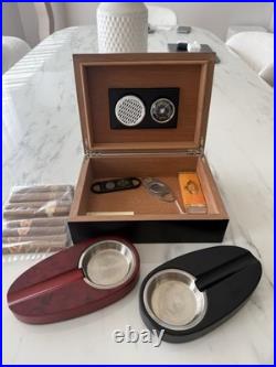 Cigar Cellar Humidor Wood Hygrometer 2 Ashtrays 2 Macanudo Cigar Cutters