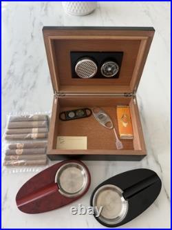 Cigar Cellar Humidor Wood Hygrometer 2 Ashtrays 2 Macanudo Cigar Cutters