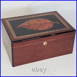 Cigar Humidor Tobacco Leaf Lacquer Wood Table Top Box 13.5w x 9.5d x 6h