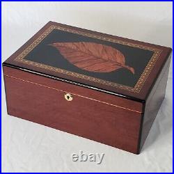 Cigar Humidor Tobacco Leaf Lacquer Wood Table Top Box 13.5w x 9.5d x 6h