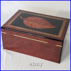 Cigar Humidor Tobacco Leaf Lacquer Wood Table Top Box 13.5w x 9.5d x 6h