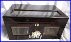 Cuban Crafters Ebony Wood withGlass Top & Front Humidor for 120 Cigars VGUC