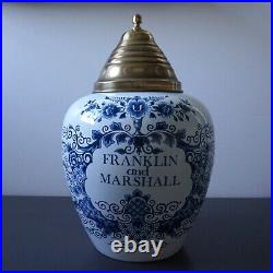 Delft Pottery Tobacco Jar with Brass Lid Vintage Franklin & Marshall 15 Tall