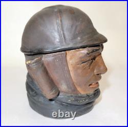 Early 1900s Pilot Aviator Hand Painted Antique Figural Tobacco Jar Humidor