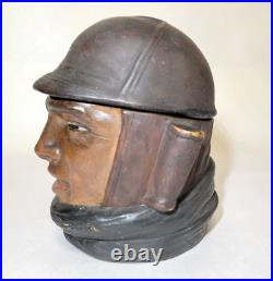 Early 1900s Pilot Aviator Hand Painted Antique Figural Tobacco Jar Humidor