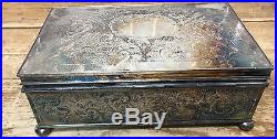 Etched Silverplate Antique Cigar Humidor Wooden Interior Box Signed J & F HELP