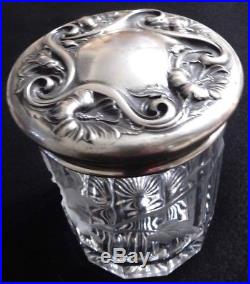 Etched TOBACCO BLOOM Cut Glass ART GLASS TOBACCO JAR / SILVER PLATED LID