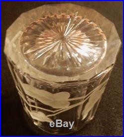Etched TOBACCO BLOOM Cut Glass ART GLASS TOBACCO JAR / SILVER PLATED LID