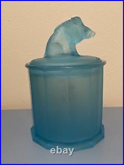 Exceptional BLUE BOAR HOG PIG TOBACCO JAR / CIGAR HUMIDOR FROSTED GLASS