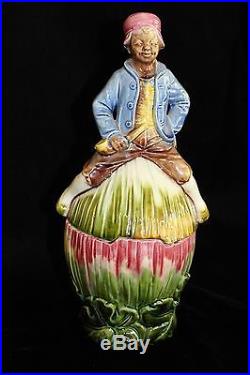 Figural Majolica Blackamoor Boy on Watermelon Tobacco Jar Humidor