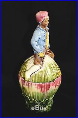Figural Majolica Blackamoor Boy on Watermelon Tobacco Jar Humidor