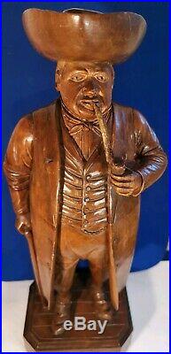 Fine Art Large Antique Carved Wooden Tobacco Jar Humidor Man w. Pipe 14.5 37cm