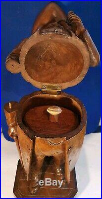 Fine Art Large Antique Carved Wooden Tobacco Jar Humidor Man w. Pipe 14.5 37cm