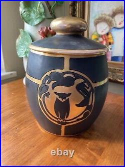 GREAT HORNED OWL Motif Handpainted HUMIDOR BISCUIT JAR Arts & Crafts Art Deco