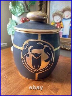 GREAT HORNED OWL Motif Handpainted HUMIDOR BISCUIT JAR Arts & Crafts Art Deco