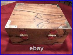 Hand Crafted Vintage Hardwood Veneer Humidor/Cigar Box w Brass Trim/Accessories