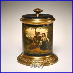 Hand Painted Brass Antique Victorian Era Tobacco Tin Jar Pot 19th C