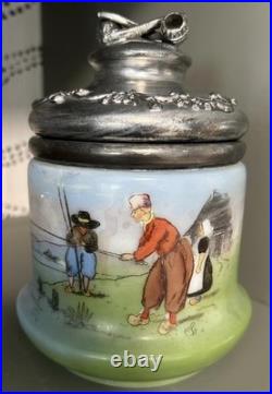 Hand Painted Porcelain Tobacco Jar with Pewter Lid Depicting Angelus Scene