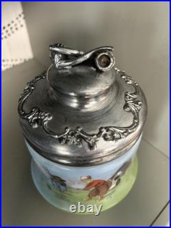 Hand Painted Porcelain Tobacco Jar with Pewter Lid Depicting Angelus Scene