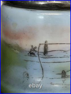 Hand Painted Porcelain Tobacco Jar with Pewter Lid Depicting Angelus Scene