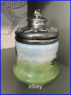 Hand Painted Porcelain Tobacco Jar with Pewter Lid Depicting Angelus Scene
