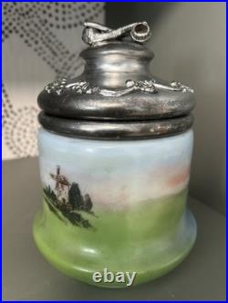 Hand Painted Porcelain Tobacco Jar with Pewter Lid Depicting Angelus Scene