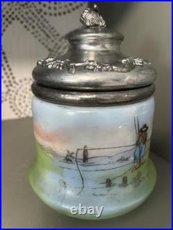Hand Painted Porcelain Tobacco Jar with Pewter Lid Depicting Angelus Scene