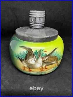Handel Ware Glass-Tobacco Humidor Or Jar/Mallard Ducks With A Pewter Barrel Lid