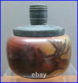 Handel Ware Glass-Tobacco Humidor Or Jar/Moose Head-With A Pewter Barrel Lid