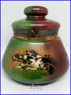 Handel Ware Glass-Tobacco Humidor Or Jar Of 5 Beagle Dogs Running-Signed Bauer