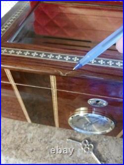 High Gloss Beveled Glass Top Unique Inlay Design Cigar Humidor Holds Up to 100