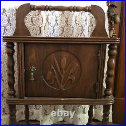 Humidor Cabinet 1920's Antique Smoke Stand Accent Table Cattails Carved on Door