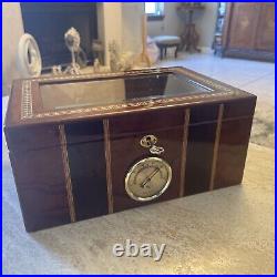 Humidor cigar box Inlaid Design Beveled Glass Lock Key Hygrometer Outstanding