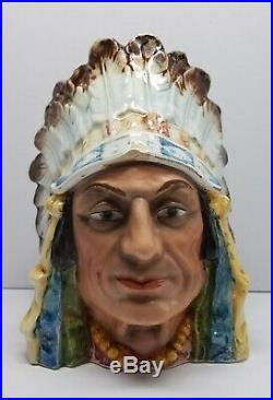 Indian Chief Headdress Majolica Humidor Art Pottery Ceramic Lidded Tobacco Jar